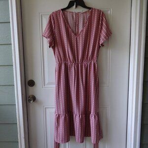 Anna-Kaci size XL  dress, v neck a line, Mauve Pink with white stripes, ruffle